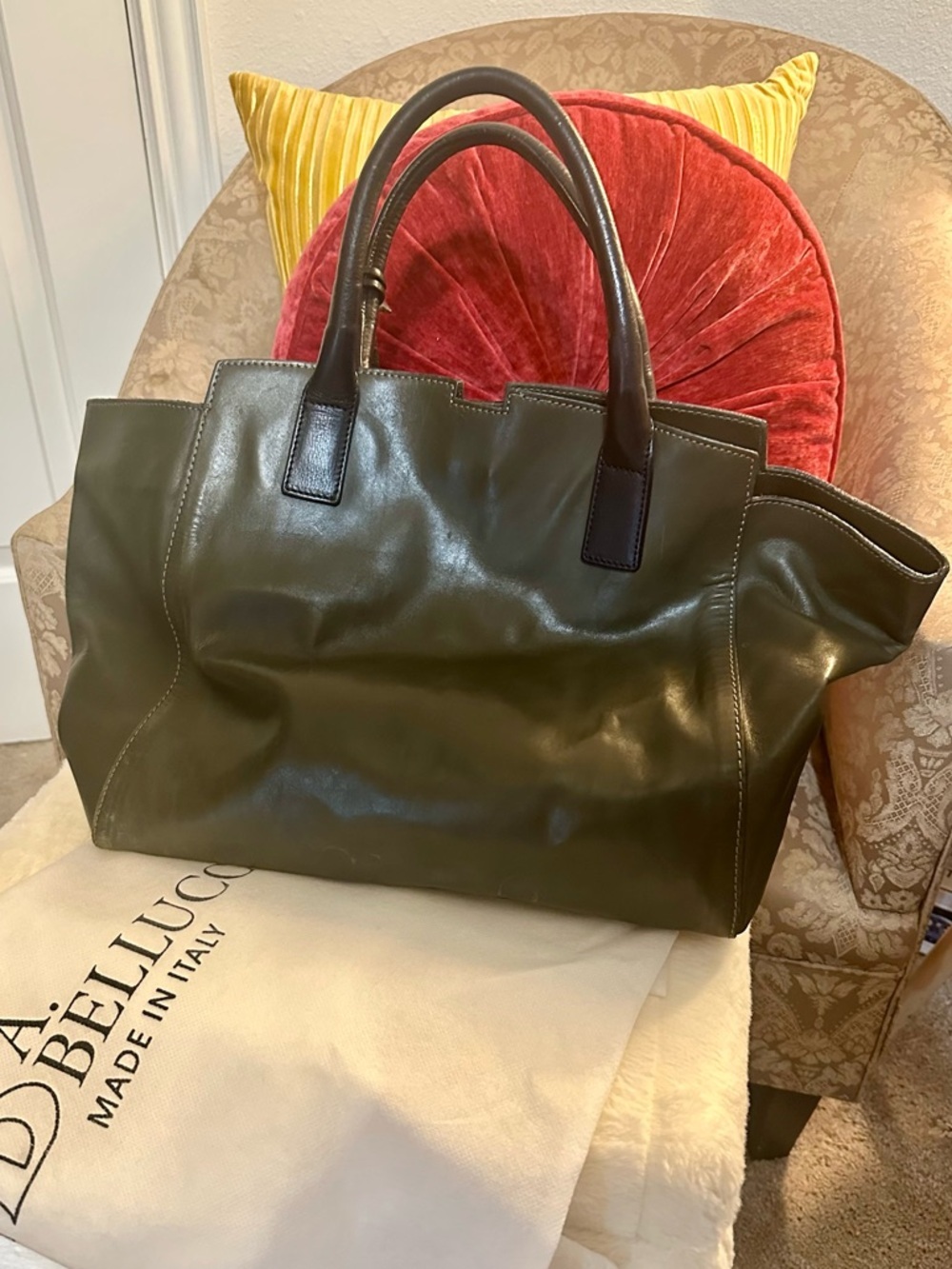 A Bellucci Made in Italy Genuine Leather Satchel Tote Olive Green Black Dust Bag - Picture 4 of 7